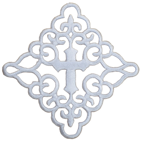 White Cross Applique Patch - Decorative Fleur de Lis Jesus Christian Embroidered Badge 3" (Iron on)