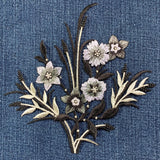 Flower Applique Patch - Large Embroidered Arrangement Silver Black & White 6-3/8" (Iron On)