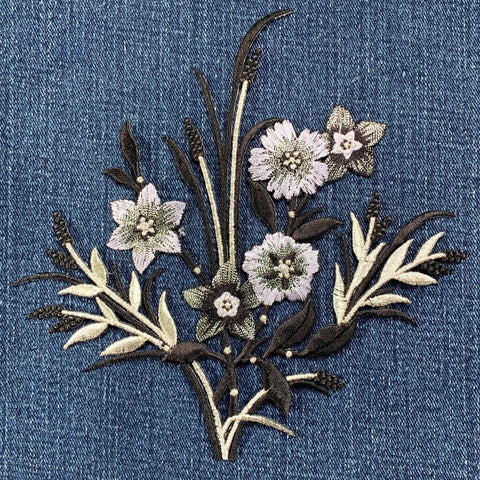 Flower Applique Patch - Large Embroidered Arrangement Silver Black & White 6-3/8" (Iron On)