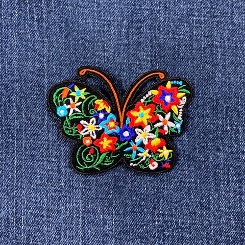 Butterfly & Flowers Applique Patch - Embroidered Colorful Floral Insect Badge 3" (Iron On)