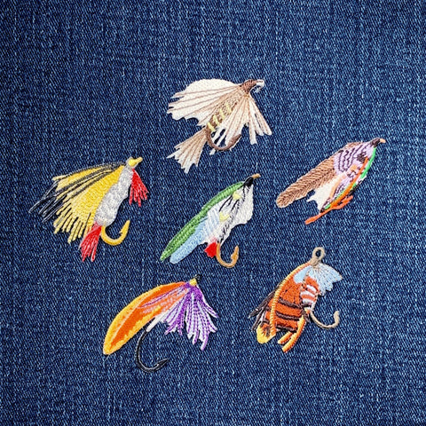 6-Pack Fly Fishing Lure Applique Patch Set - Embroidered Angling Badges (Iron On)