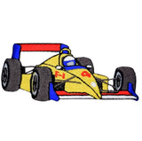 Embroidered racing car patch on a white background