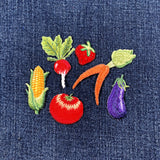 6 Embroidered fruit and vegetable patches on denim fabric