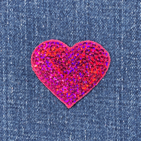 Hot Pink Heart Applique Patch - Sequin Fuchsia Badge 1.75" (Iron On)