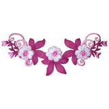 Horizontal embroidered floral appliqué patch in shades of fuchsia and pink, featuring three large fuchsia flowers with pointed petals.