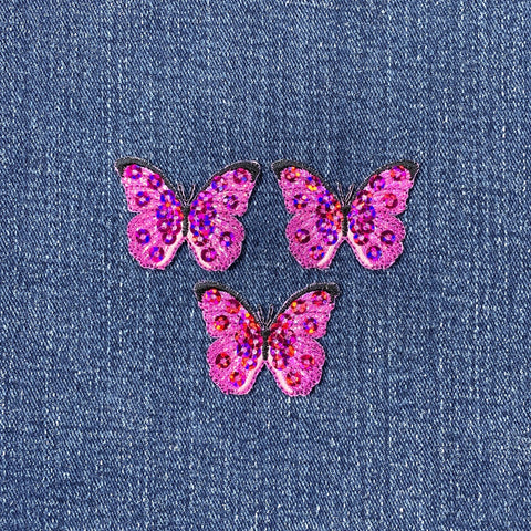 3-Pack Butterfly Applique Patch - Embroidered Sequin Pink Fuchsia Badge 1.5" (Iron On)