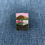 Pin with gates of the arctic national park mountain and flower design on a denim background