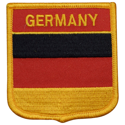 An embroidered German flag patch with a gold border, featuring red, black, and red horizontal stripes with the word 'GERMANY' in gold at the top.
