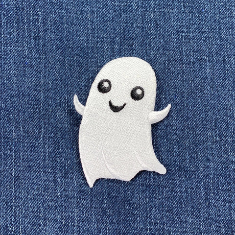 Ghost Applique Patch - Embroidered Smiling Ghoul Halloween Badge 2.75" (Clearance, Iron On)