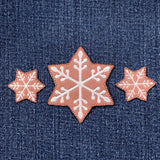 3-Pack Gingerbread Snowflake Applique Patch Set - Snow Flake Winter Embroidered Christmas Badges (Iron On)