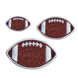 Three glittery football-shaped patches on a white background