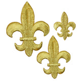 A set of three gold fleur de lis applique patches in varying sizes.