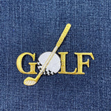 Embroidered patch of a golf club and ball with 'GOLF' text on denim fabric.