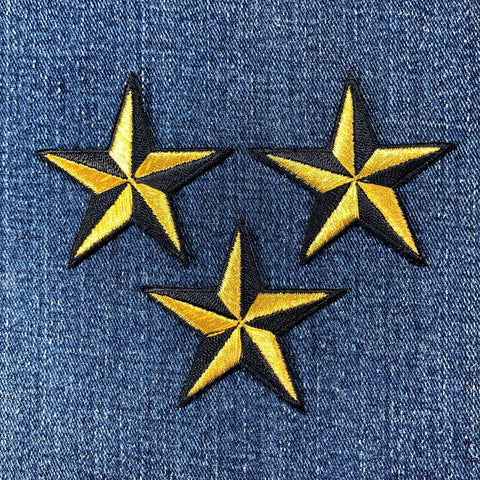 3-Pack Nautical Star Applique Patch - 3D Gold Black Embroidered Star 2" (Iron Or Sew On)