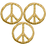 3-Pack Peace Sign Applique Patch - Mini Metallic Gold Embroidered Badge 1" (Iron On)