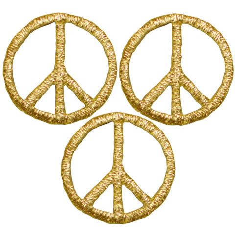 Mini Peace Sign Patch Applique - Metallic Gold Embroidered Badge 1" (3-Pack, Iron on)