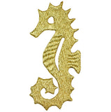 Gold metallic applique patch of a seahorse on a white background.