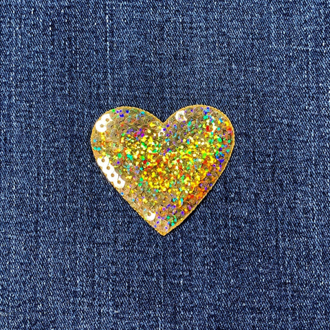 Gold Heart Applique Patch - Sequin Badge 2-3/16" (Iron On)