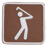 A square embroidered patch featuring a white golf swing silhouette on a brown textured background with a white border.