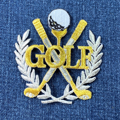 Golf Laurel Wreath Applique Patch - Embroidered Metallic Gold & Silver Badge 3" (Iron On)