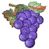 An embroidered patch of a purple grape cluster with green and orange leaves on a white background.