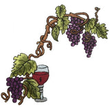 Embroidered patch depicting grapes, vines, and a glass of wine, designed for iron-on application.