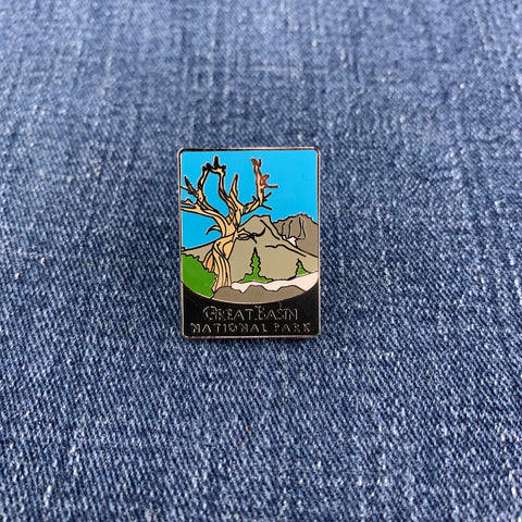 Pin with a landscape design of Great Basin National Park on a denim background