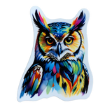 A colorful vinyl decal of a great horned owl 