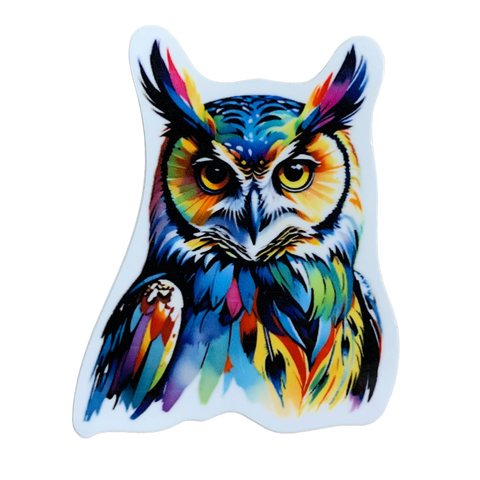 A colorful vinyl decal of a great horned owl 