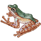 Embroidered patch of a frog with green back and brown sides on a white background