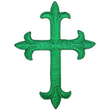 A green cross applique patch with iron on backing, designed for embroidery or crafting.