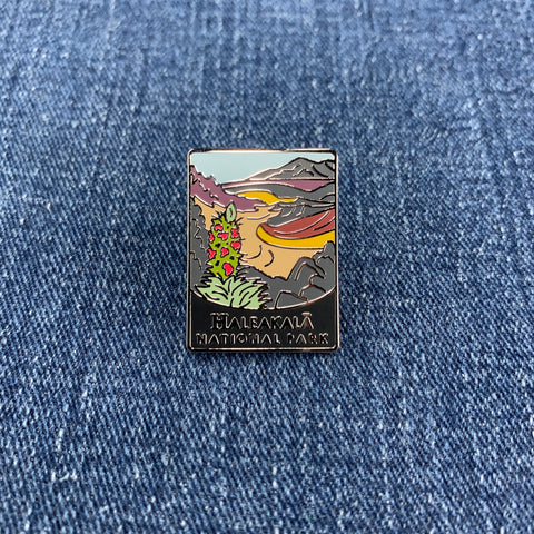 A pin badge featuring an illustration of a stream and mountains with the text 'Haleakala National Park' on a denim background