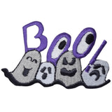 Embroidered patch with the word 'BOO!' in purple letters, accompanied by stylized ghosts in gray tones.