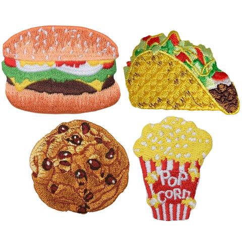 Fast Food & Snacks Applique Patch Set - Burger Popcorn Cookie Taco (4-Pack, Iron on)