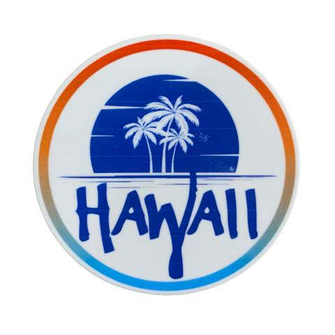 A circular sticker with a white background and a gradient border of orange, blue, and white. The center design features a dark blue sunset/ocean scene with the white silhouette of three palm trees, and the word 'HAWAII' written in large, brush-style dark blue letters across the bottom.