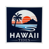 Sticker with 'Hawaii Tides' design featuring a palm tree, sunset, and mountain