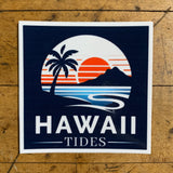 A vinyl decal featuring a graphic of the Hawaiian islands with palm trees and a sunset, and the text 'HAWAII TIDES'.