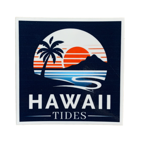 A vinyl decal featuring a graphic of the Hawaiian islands with palm trees and a sunset, and the text 'HAWAII TIDES'.