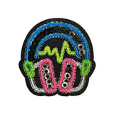 Colorful patch with headphones and heartbeat design on a white background
