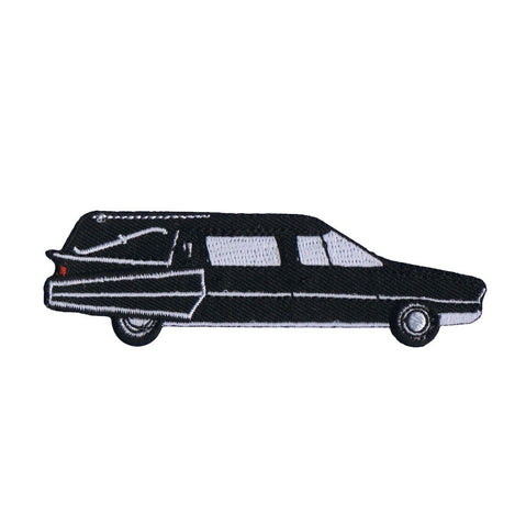 An embroidered patch of a black hearse car with white stitched outlines, shown in profile against a plain white background.