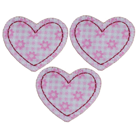 Pink & White Heart Applique Patch - Flower Daisy Satin Print Love Badge 1.5" (3-Pack, Iron on)