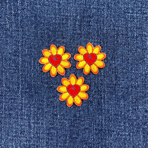 3-Pack Daisy Heart Applique Patch - Embroidered Flower Love Hippie Badge 1" (Iron On)