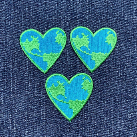 3-Pack Heart World Applique Patch - Embroidered Earth Day Badge 2" (Iron On)