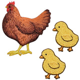 Three embroidered patches depicting poultry: one large brown hen with a red comb and yellow feet, and two small, yellow chicks.