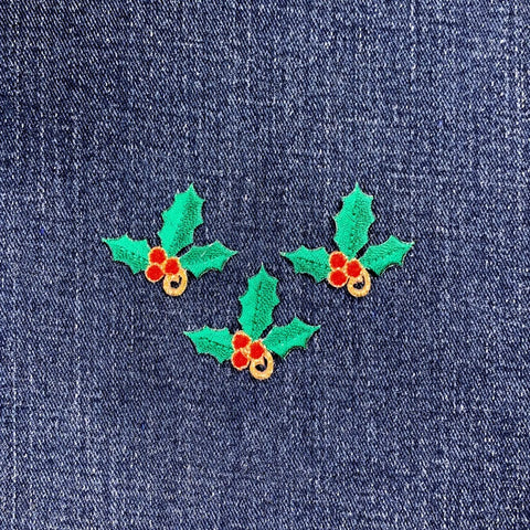 3-Pack Christmas Holly Applique Patch - Embroidered Holiday Badge 1-3/8" (Iron On)