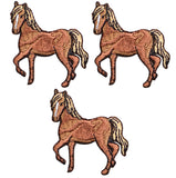 Three embroidered patches depicting a horse in brown color with a white background.