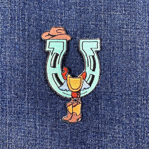 Horseshoe Applique Patch -  Western Cowboy Boots Saddle Embroidered Badge 3-1/8" (Iron On)