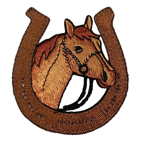 an embroidered patch depicting a horse inside a horseshoe displayed on a white background