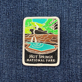 Embroidered patch of Hot Springs National Park on a denim background