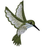 An embroidered hummingbird patch shown against a plain white background. The patch features olive green and white stitched feathers with a black beak and eye.